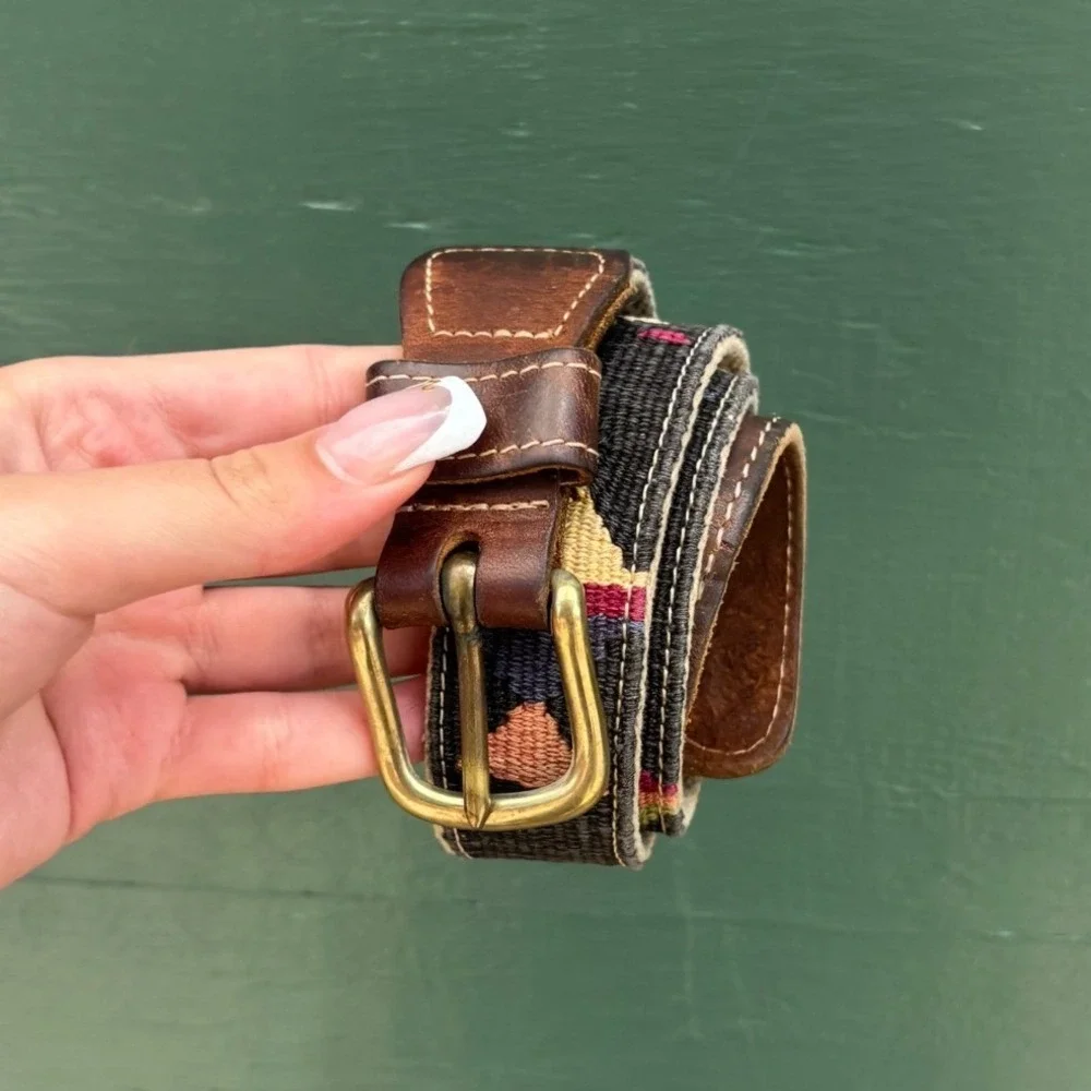 Mens Vintage Western Woven Mayan Textile Leather Belt Brass Buckle Preppy Gorp